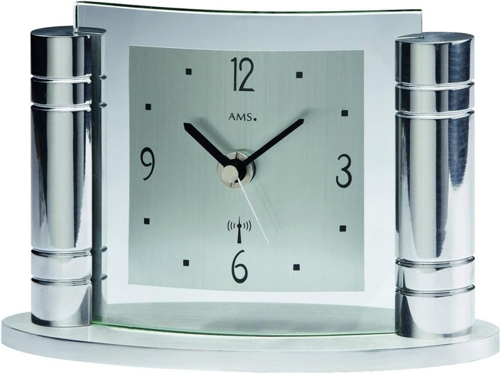 AMS Funk Tischuhr , silberfarbenes Metallgehäuse , Aluminium - Zifferblatt