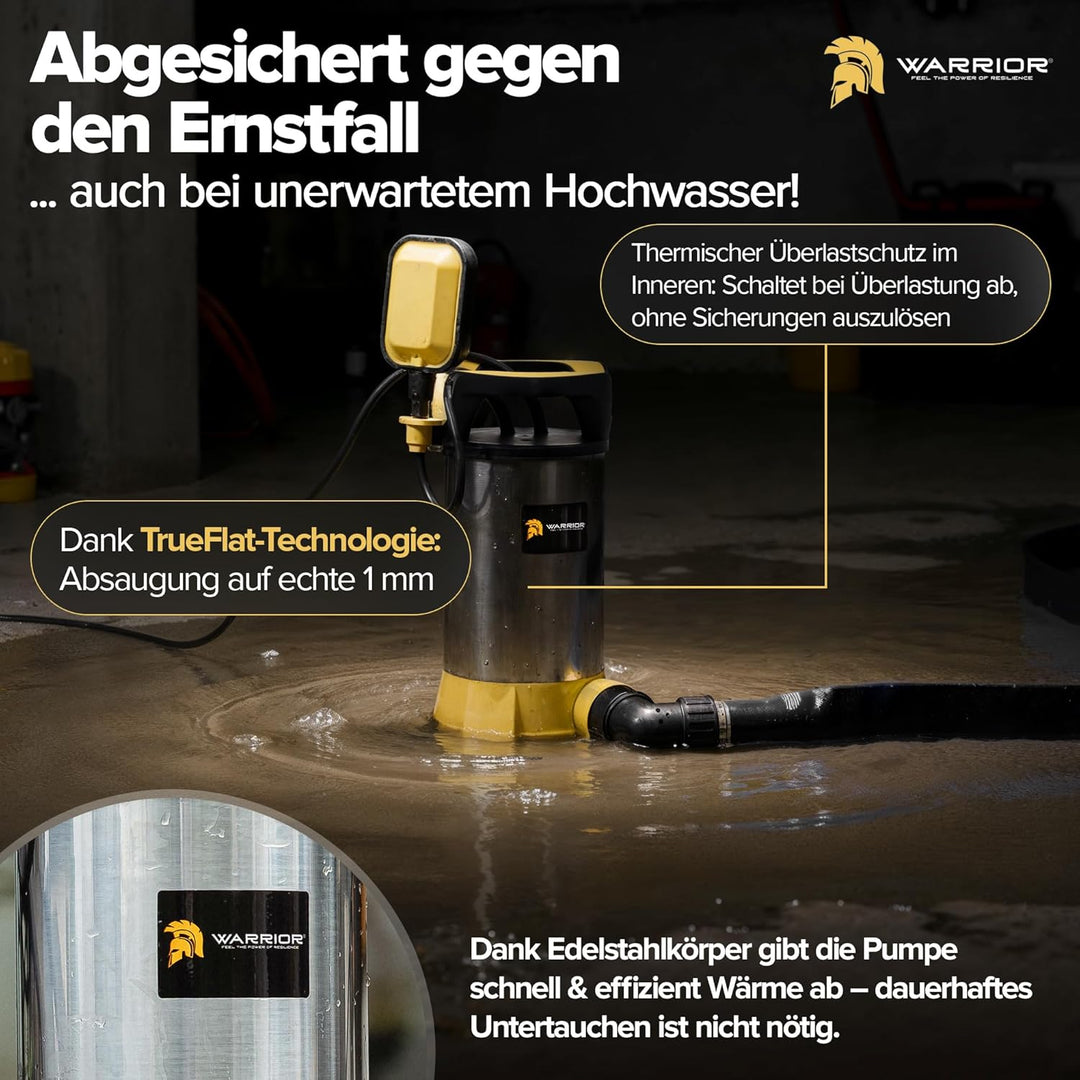 WARRIOR® 3in1 Schmutzwasserpumpe flachsaugend [TESTSIEGER] SentinelFlat Pro 1100W mit SnapLock-Syste