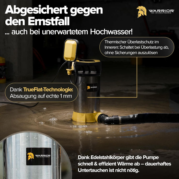 WARRIOR® 3in1 Schmutzwasserpumpe flachsaugend [TESTSIEGER] SentinelFlat Pro 1100W mit SnapLock-Syste