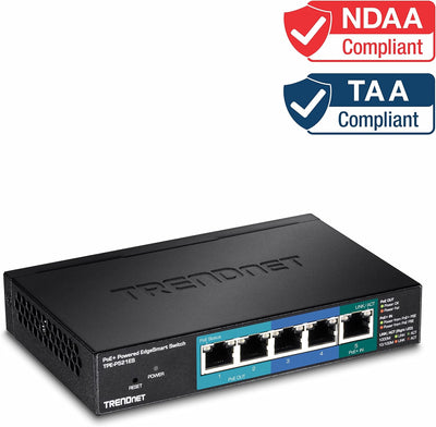 TRENDnet TPE-521ES 5-Port Gigabit PoE+ EdgeSmart Switch mit PoE Durchgang, 18 W PoE Gesamtleistung,