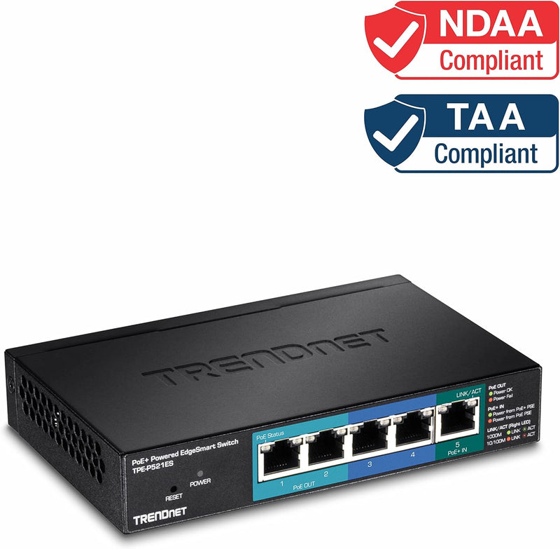 TRENDnet TPE-521ES 5-Port Gigabit PoE+ EdgeSmart Switch mit PoE Durchgang, 18 W PoE Gesamtleistung,