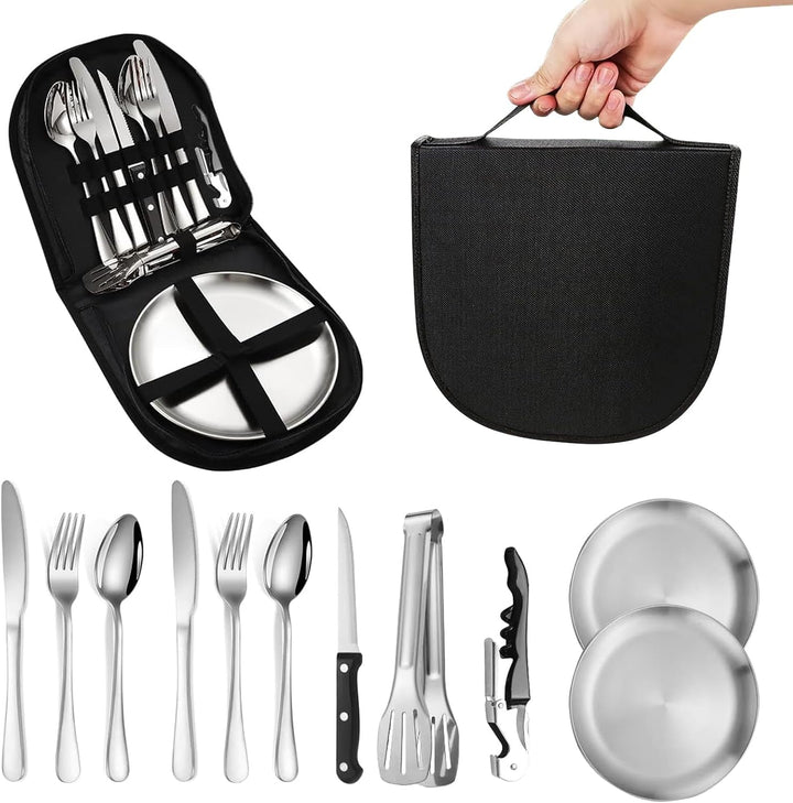 Campingbesteck Set für 2 Personen, Tragbares Edelstahl Outdoor Geschirr Set für Camping, Picknick un