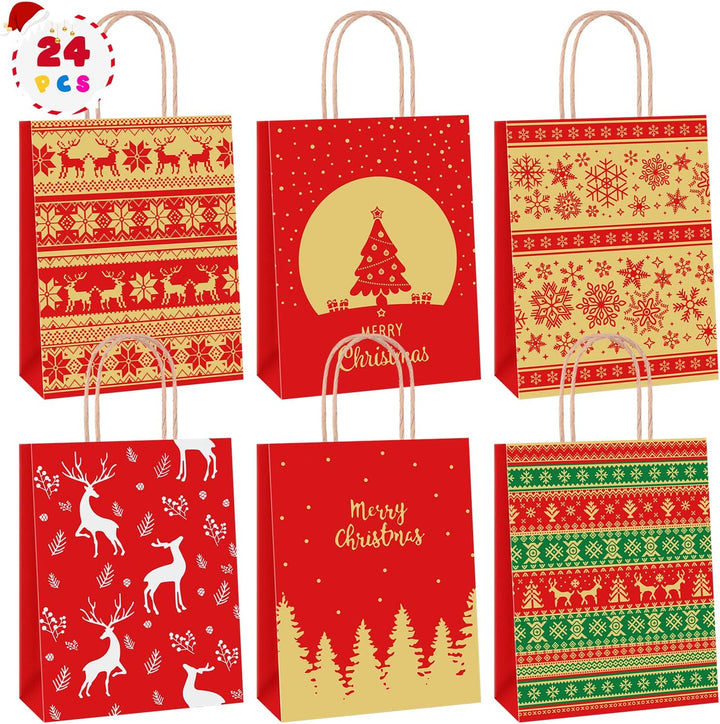 24 Stk Geschenktüten Weihnachten, Weihnachtstüten 27 x 21 x 11 cm, Papiertüten Braun, Kraftpapier Tü