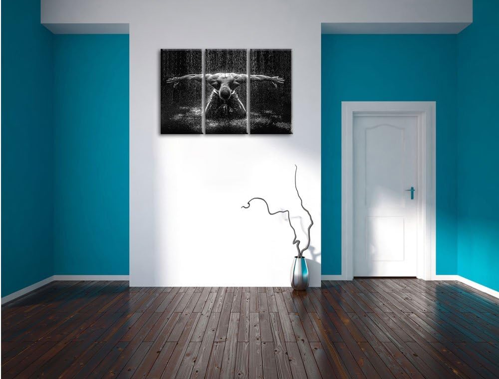 Pixxprint Bodybuilder im Regen Kunst B&W / 3-Teilig/Gesamtmass 120cm Leinwandbild bespannt auf Holzr