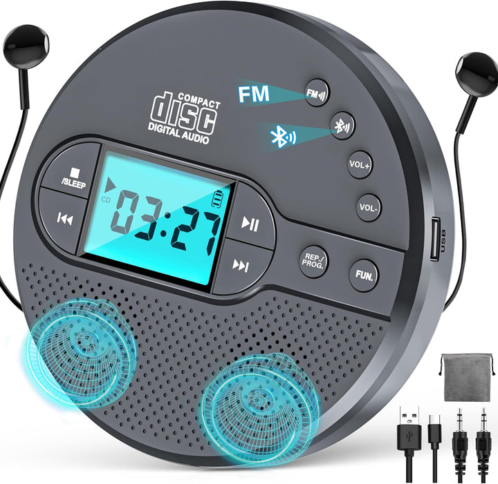 Walkman CD-Player mit Bluetooth - 2000mAh Wiederaufladbarer Discman CD-Player mit FM-Transmitter, Ko