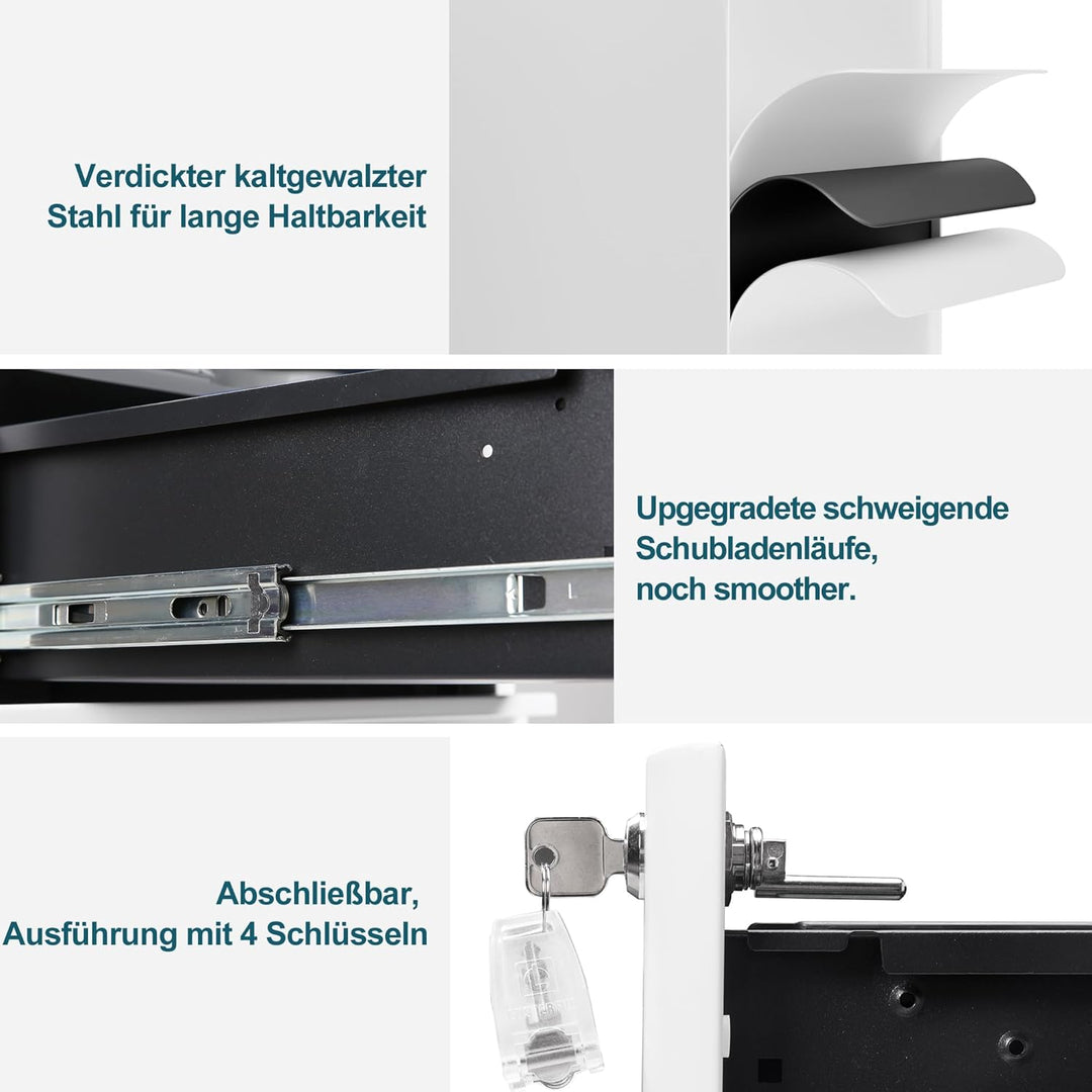 LVSTEEL Rollcontainer, Aktenschrank, Schubladenschrank, Büroschrank aus Metall, Vormontiert, Abschli