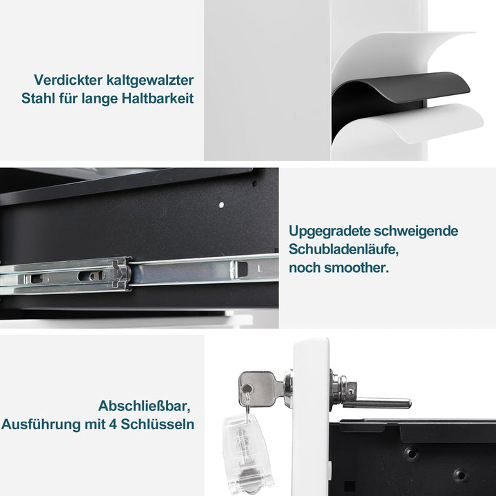 LVSTEEL Rollcontainer, Aktenschrank, Schubladenschrank, Büroschrank aus Metall, Vormontiert, Abschli