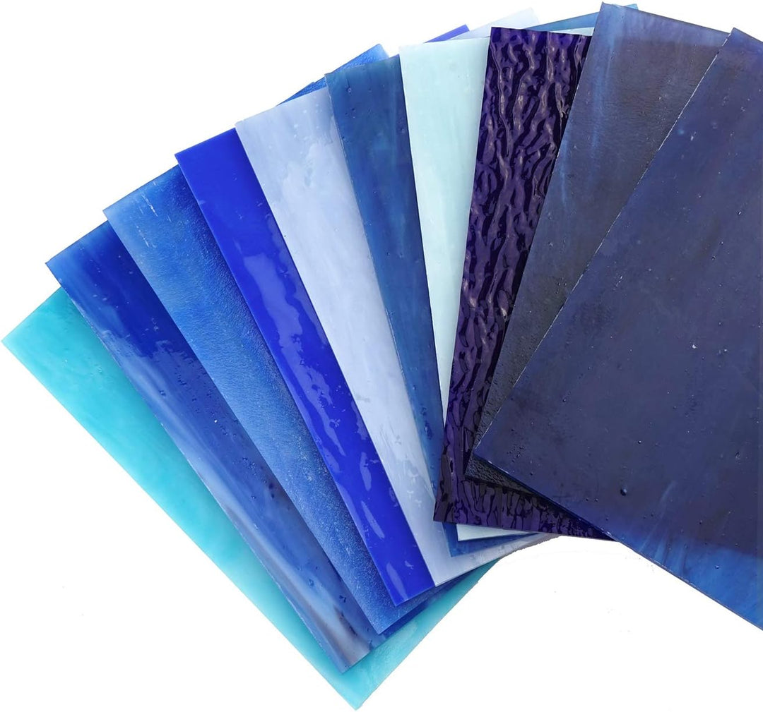 Lanyani, 10 Bögen aus Buntglas, 10 x 15 cm, Opal, Tiffany-Glas, verschiedene Texturen Blau Mix - 10