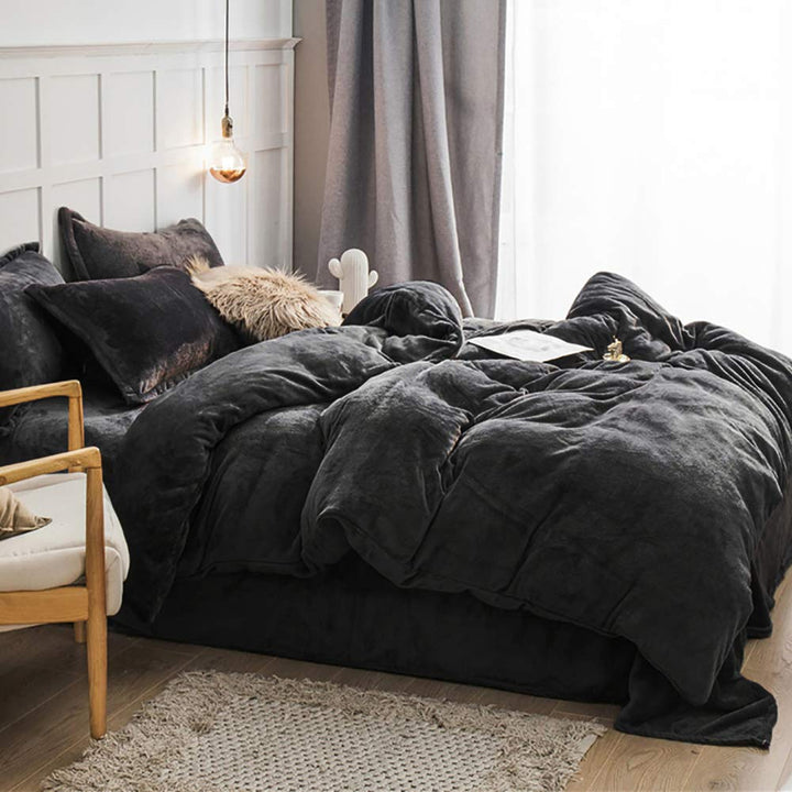 Omela 4 Teilig Warm Fleece Winter Bettwäsche 135x200 Dunkelgrau Cashmere Touch Plüsch Bettbezug mit