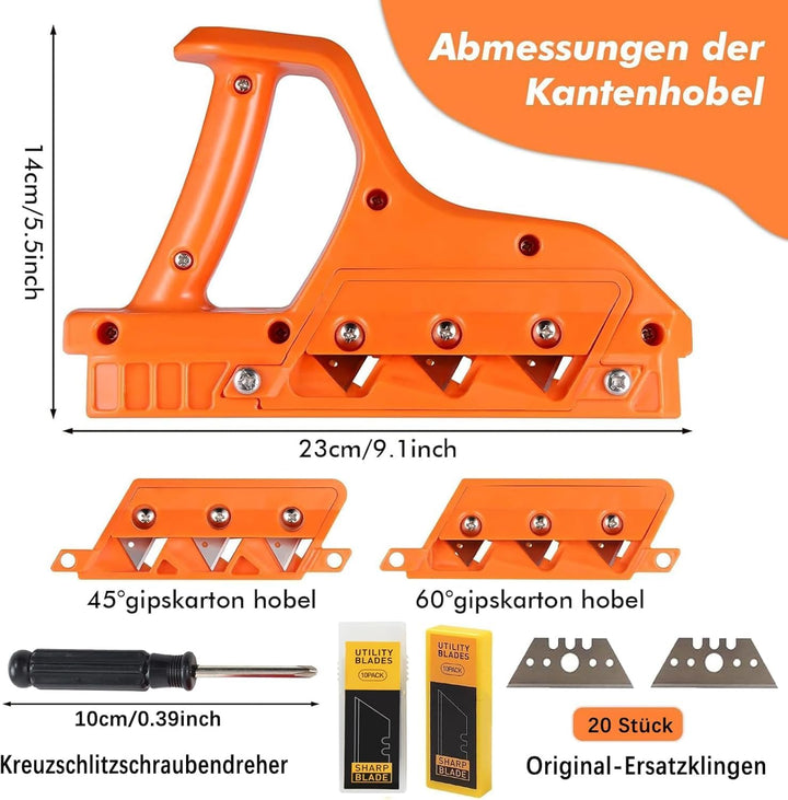 KEWAYO Kantenhobel für Gipskarton, Gipskarton Hobel mit 45° und 60° Klingensatz, Robust Gipskarton S