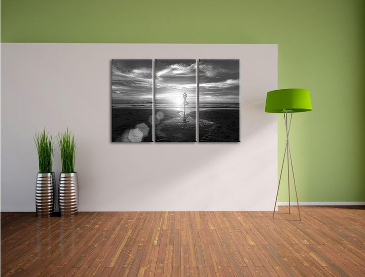 Pixxprint Yoga Silhouette am Strand als Leinwandbild/Grösse: 3 Teilig (120x80 cm) cm/Wandbild/Kunstd