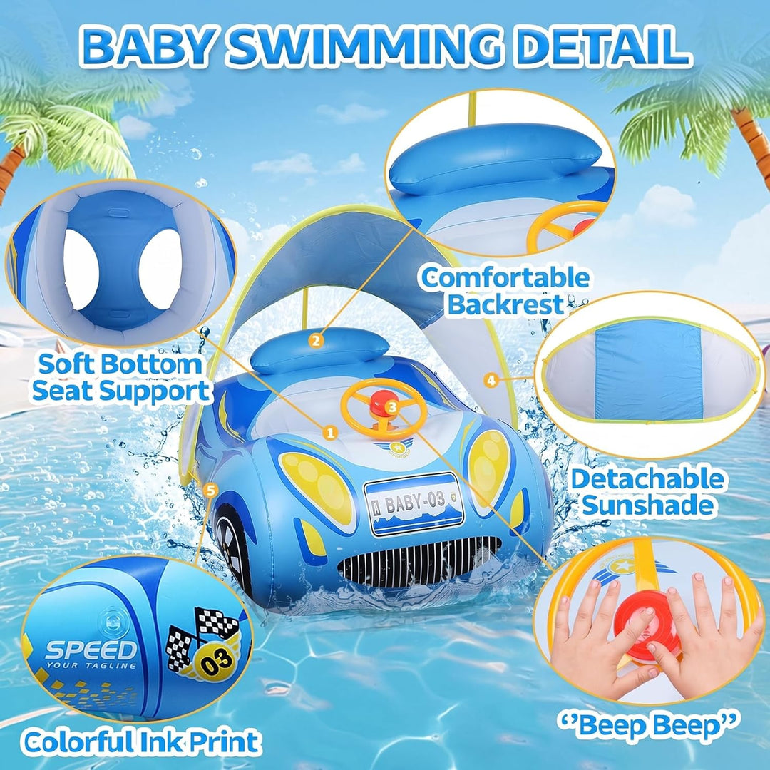Schwimmring Baby mit Sonnendach und Dual Airbag Ninonly Aufblasbare Schwimmring Baby Auto mit UPF50+