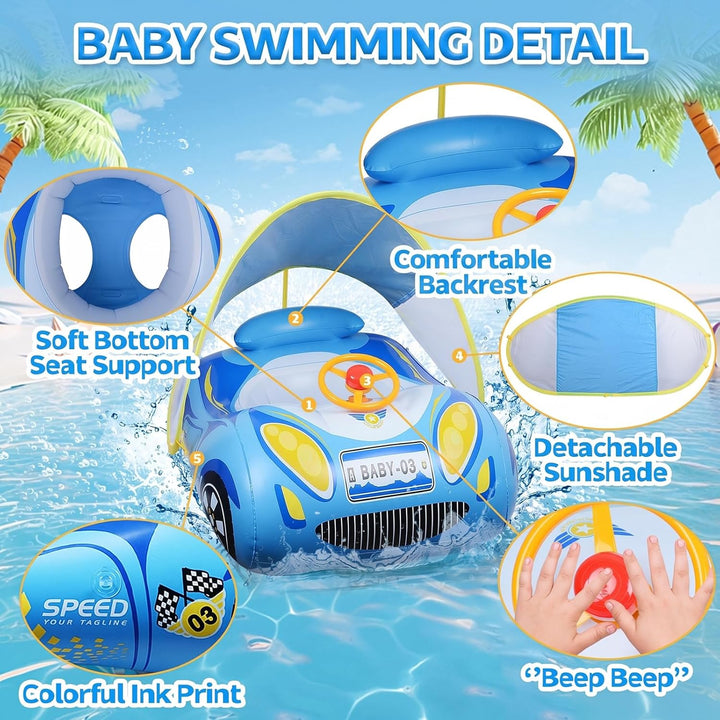 Schwimmring Baby mit Sonnendach und Dual Airbag Ninonly Aufblasbare Schwimmring Baby Auto mit UPF50+