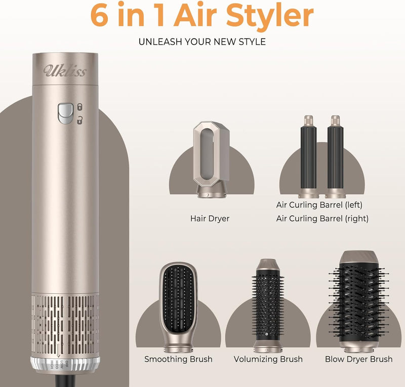 UKLISS Airstyler Hairstyler 6 in 1,UKLISS HaarstylerSet mit Lockenstab, Glättbürste, Lockenhaar mit