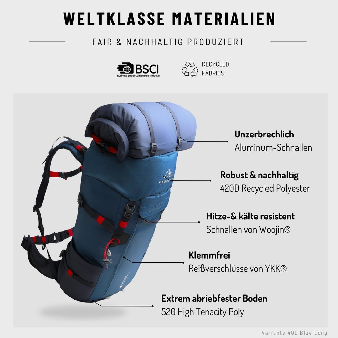 NORDKAMM Trekking-Rucksack, Backpacker Rucksack, Wanderrucksack 40l - 50l, Damen-Herren Majolica Blu