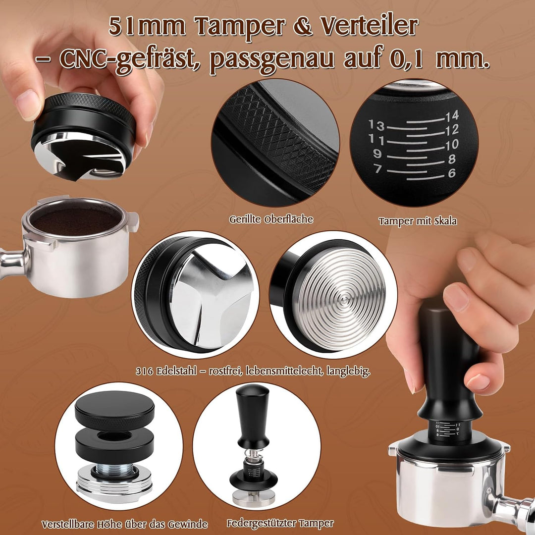 51mm Espresso Zubehör Set 8 teilig mit Holz-Tamperstation, Tamper, WDT Tool, Dosing Ring, Verteiler,