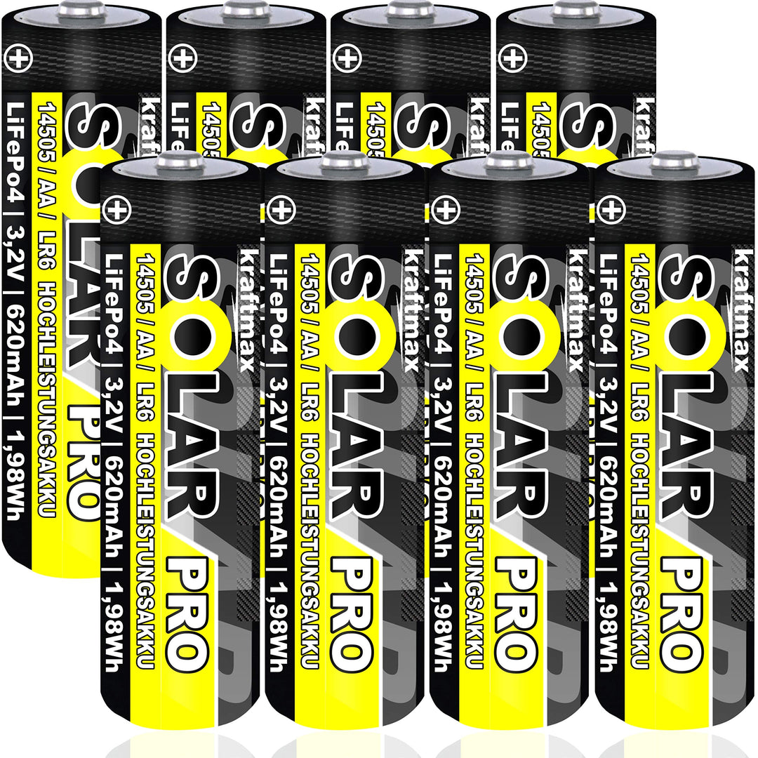 8 er Pack SOLAR pro Mignon AA Akkus - wiederaufladbare Batterien - 3,2V / 1,92Wh / 14505 - LiFePo4 H