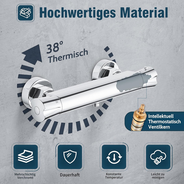 PURAGEIR Duscharmatur,Duscharmatur mit Thermostat,Mischbatterie Dusche Thermostat,Armatur Dusche,Chr