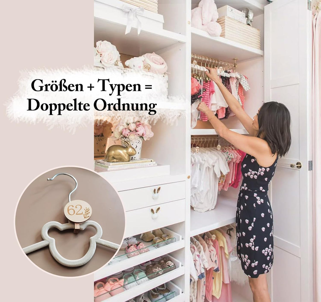 HOUISM Grössentrenner Baby & Kleider Organizer aus Holz | 27 Stück Grössenclips mit Gravur (50-122)