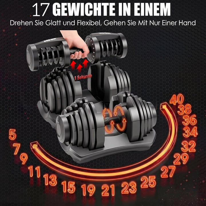 HAKENO 2x24/40kg Verstellbare Hanteln 15 in 1 Hantelset Einstellbare Platzsparende Hanteln, Kraftrai
