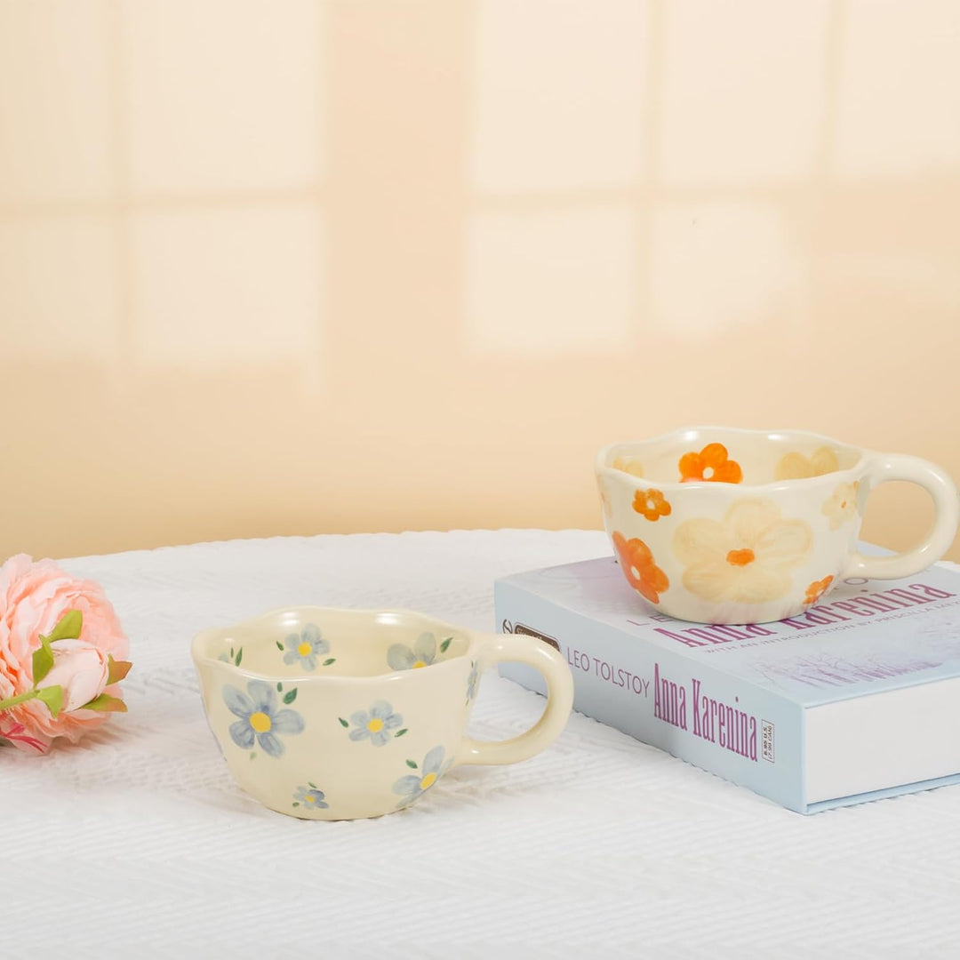 Koythin 2 Stück Kaffeebecher Porzellan, Kreative und Niedliche Blume Kaffeetasse für Büro und Zuhaus