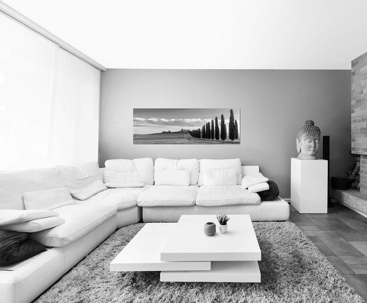 Paul Sinus Art Leinwandfoto als Panorama SCHWARZ/Weiss 150x50cm Italien Toskana Landschaft Zypressen
