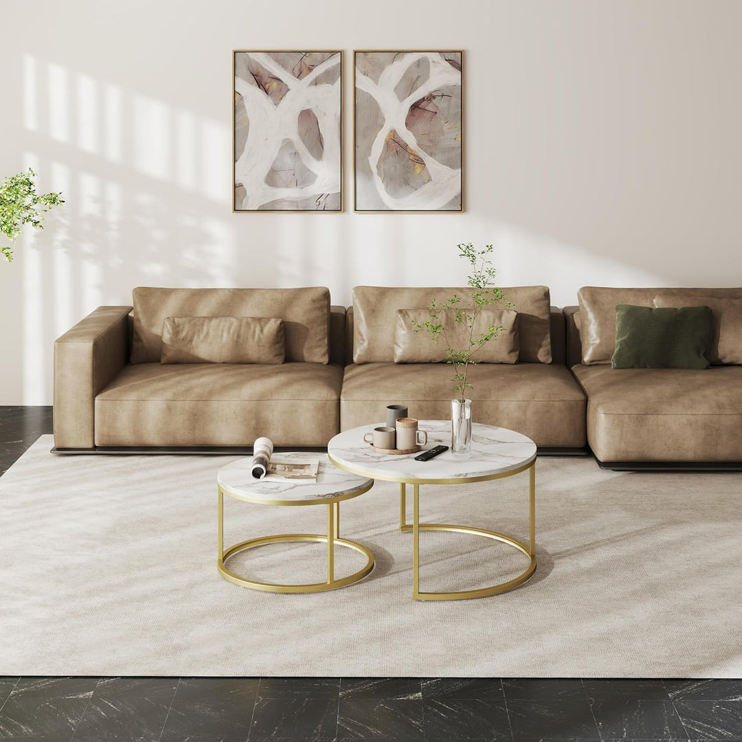 Soayone Couchtisch 2er Set, Marmor Couchtisch Gold, Wohnzimmertisch Weiss, Couchtische Rund, Tisch W