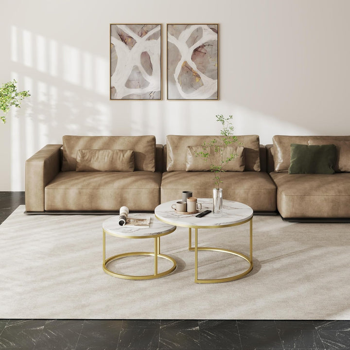 Soayone Couchtisch 2er Set, Marmor Couchtisch Gold, Wohnzimmertisch Weiss, Couchtische Rund, Tisch W