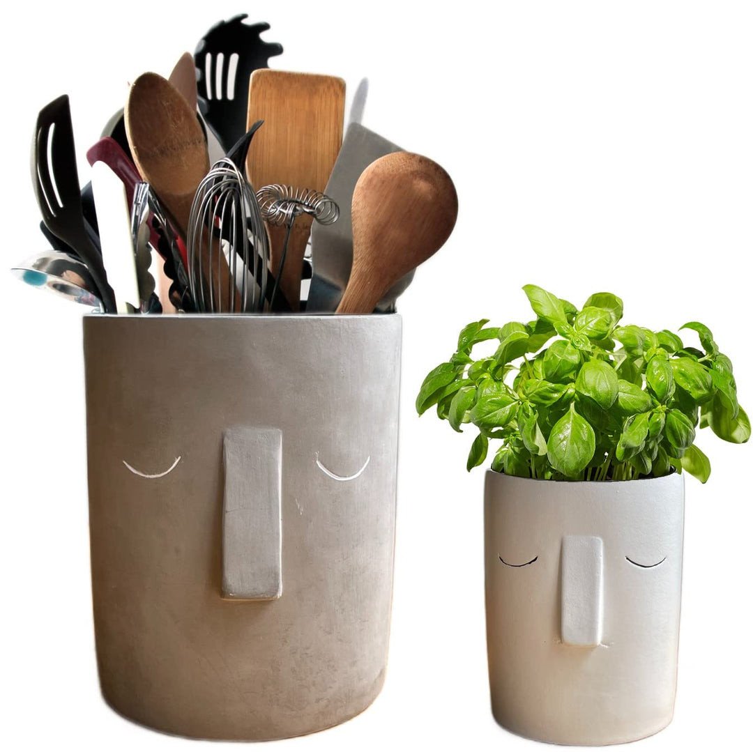 Utensilienhalter mit Gesichts-Motiv, inkl. passendem kleinen Kräutertopf Natural Grey And White, Nat