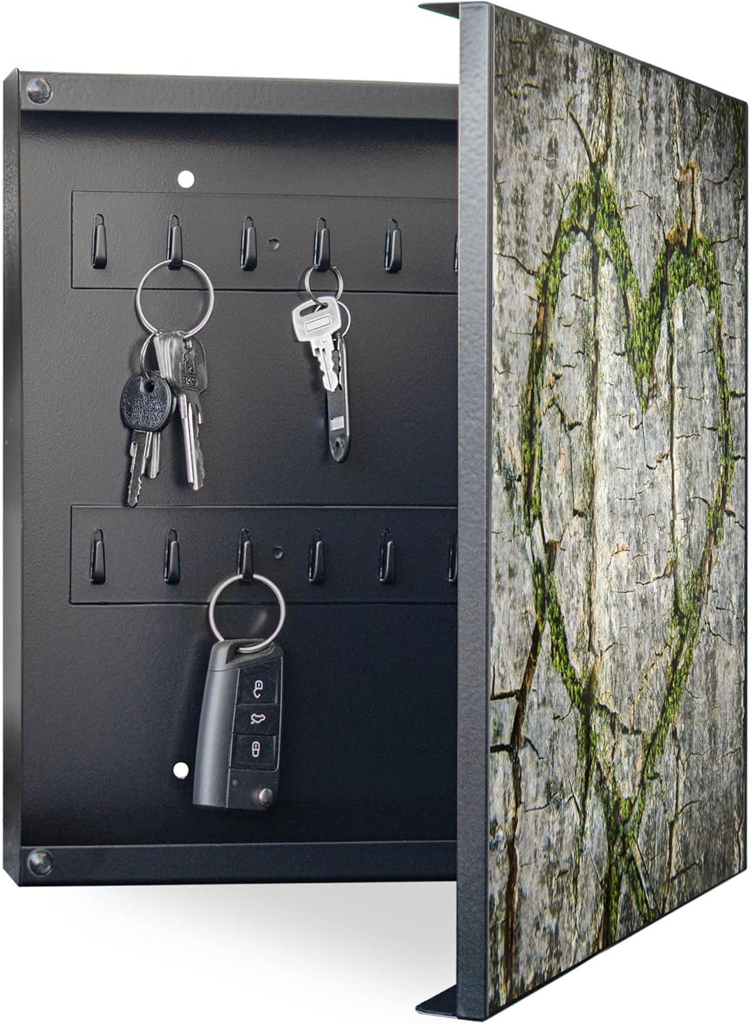 banjado® Grosser Schlüsselkasten Glas/Schlüsselbox 30cm x 30cm mit 50 Haken - Motiv Herz Aus Moos/Sc