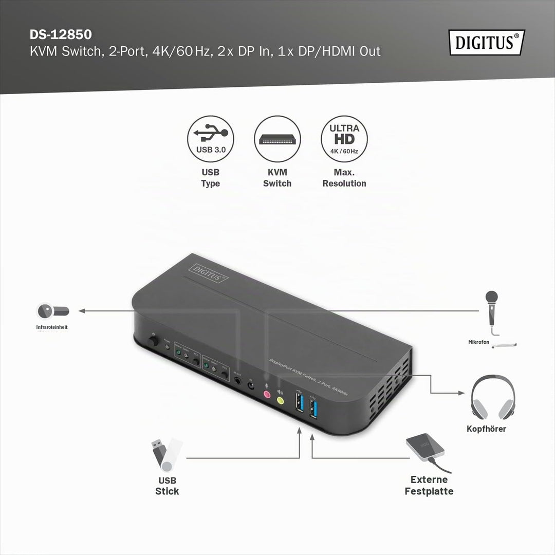 DIGITUS KVM-Switch DisplayPort – 2-Port Single-Display – 2 PC 1 Monitor – 1x Maus, Tastatur &amp; Audio