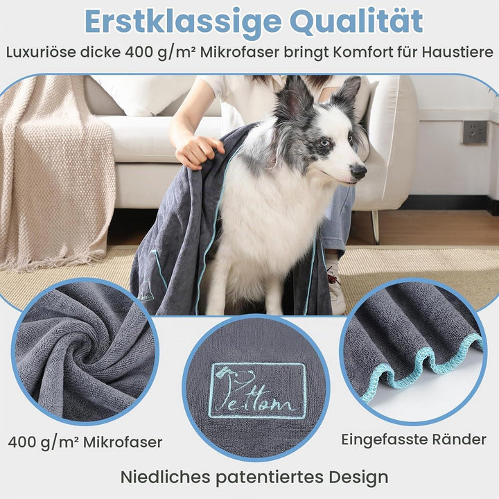 PETTOM 2 Stücke Hundehandtuch Extra Saugfähig, Hunde Handtuch mit Eingrifftaschen, Hundehandtuch Mik
