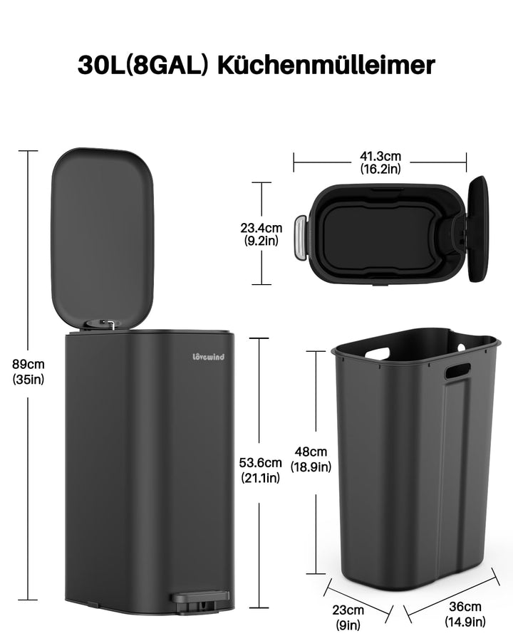 lovewind Mülleimer 30L mit Fusspedal, Schmaler Abfalleimer, Leise Schliessender Deckel, Entnehmbarer