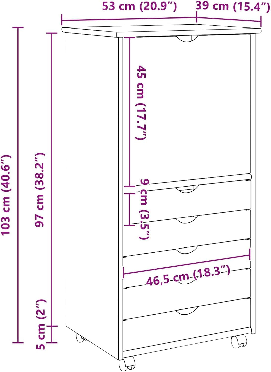 vidaXL Rollschrank 53 x 39 x 103 cm Massivholz Kiefer Grau, Grau
