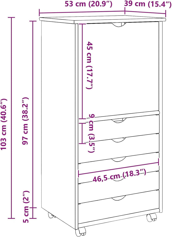 vidaXL Rollschrank 53 x 39 x 103 cm Massivholz Kiefer Grau, Grau