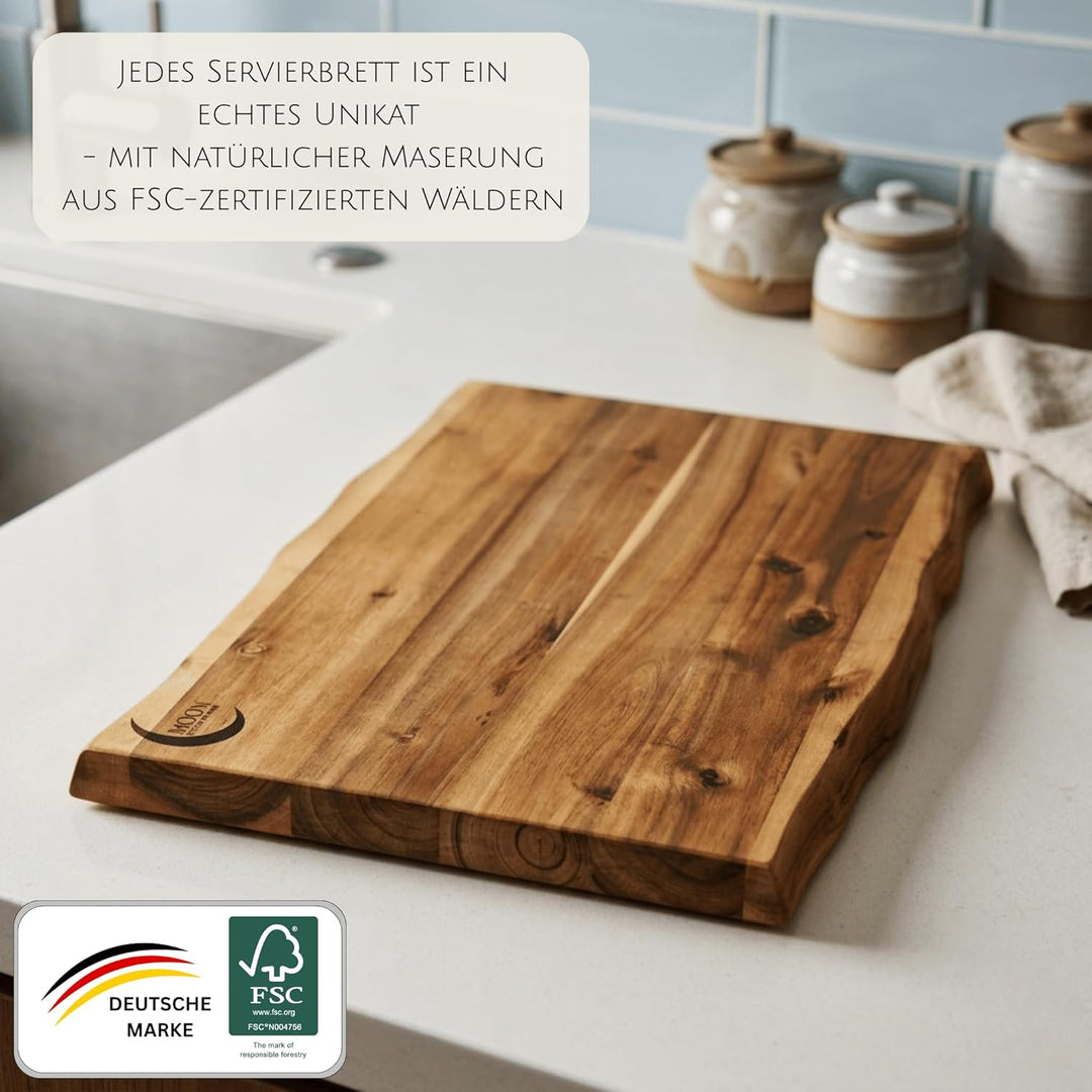 MOON HOME Schneidebrett Mars Short, hochwertiges Servier- und Schneidebrett aus Akazie/Holz, rustika