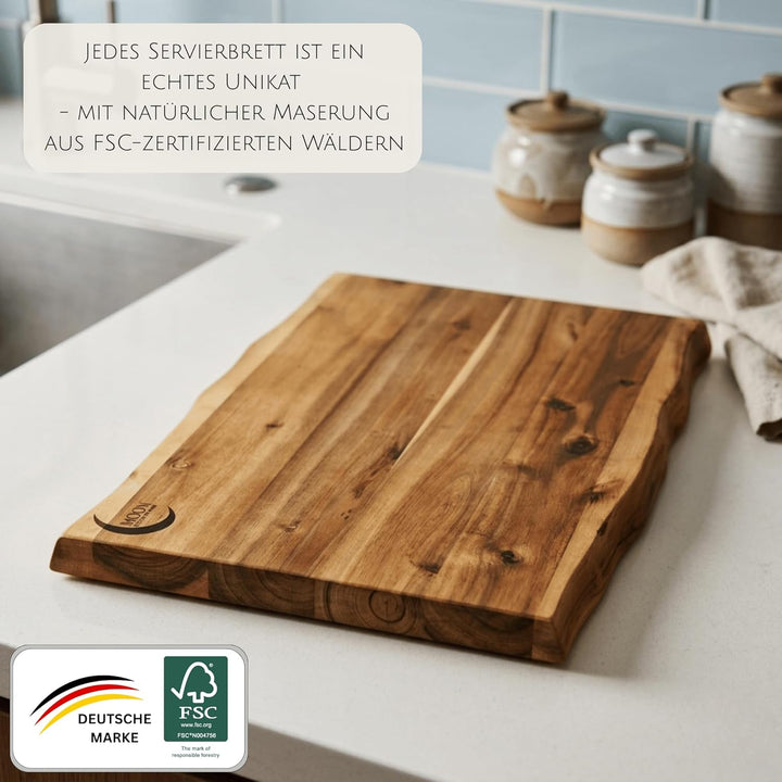 MOON HOME Schneidebrett Mars Short, hochwertiges Servier- und Schneidebrett aus Akazie/Holz, rustika