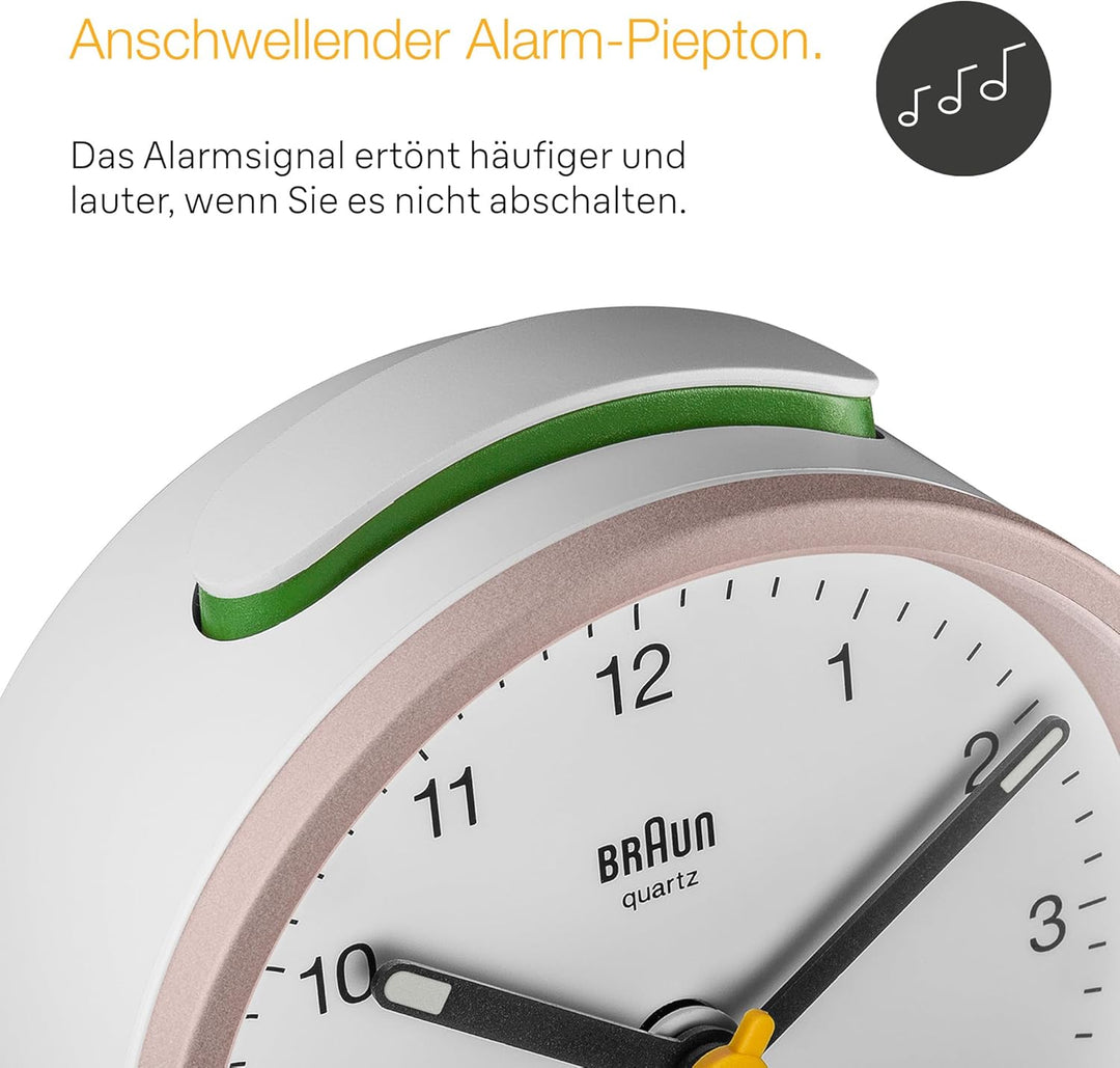 Braun Klassischer analoger Wecker Schlummerfunktion und Licht, ruhiges Quarzuhrwerk, Crescendo-Alarm
