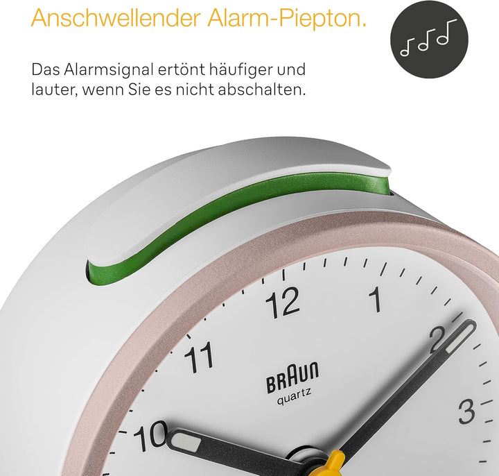 Braun Klassischer analoger Wecker Schlummerfunktion und Licht, ruhiges Quarzuhrwerk, Crescendo-Alarm