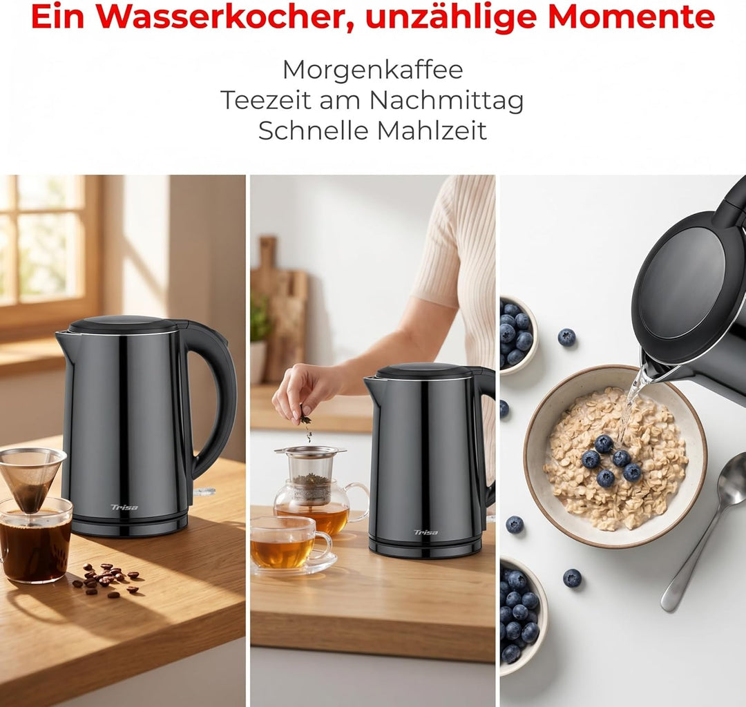 Trisa Comfort Touch Wasserkocher Edelstahl Innen (1,5L, 2200W), Doppelwandiger Teekocher mit Cool-To