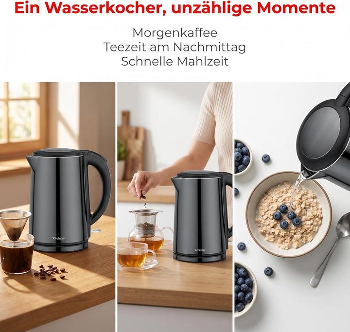 Trisa Comfort Touch Wasserkocher Edelstahl Innen (1,5L, 2200W), Doppelwandiger Teekocher mit Cool-To
