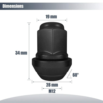 20x Radmutter SCHWARZ M12x1,5x34 Kegel 60° SW19 beweglich D28mm + 1x Radschraubenbeutel