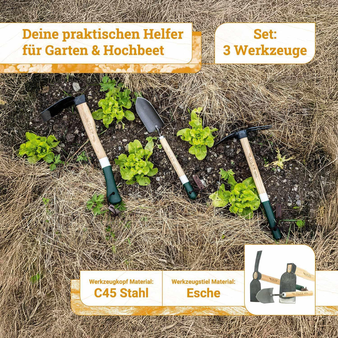 ADLER Garten-Set 3-TLG. – Geschmiedete Hacke, Kleinhacke Ivy &amp; Pflanzkelle Holly – 45 cm Eschenholz-