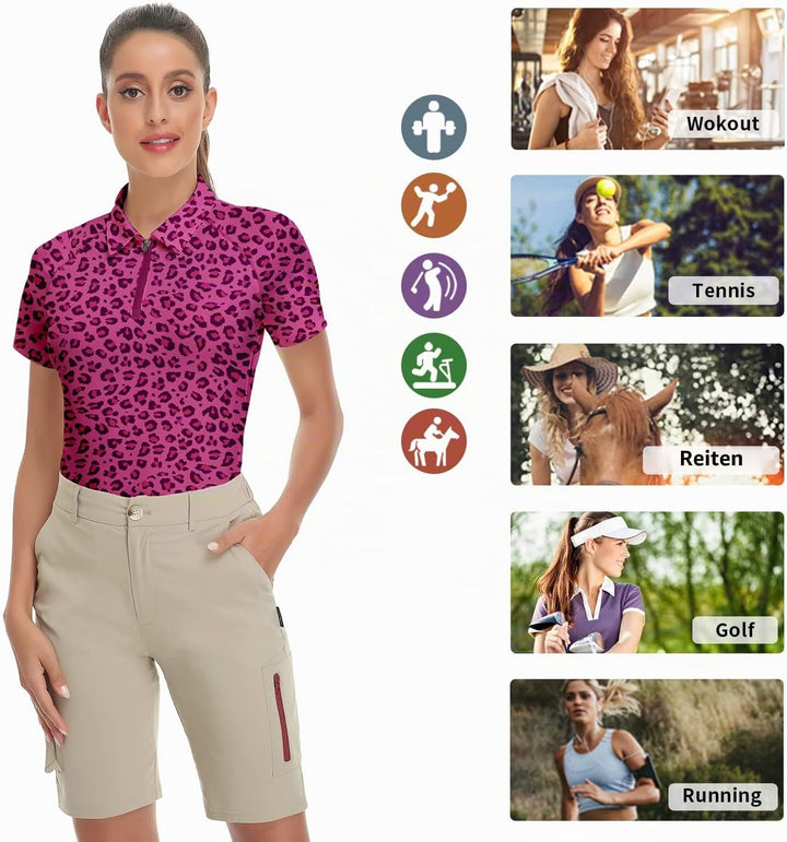 Soneven Poloshirt für Damen Kurzarm Sportshirt Damen mit 1/4 Reissverschluss Sport Tshirts Damen Sch