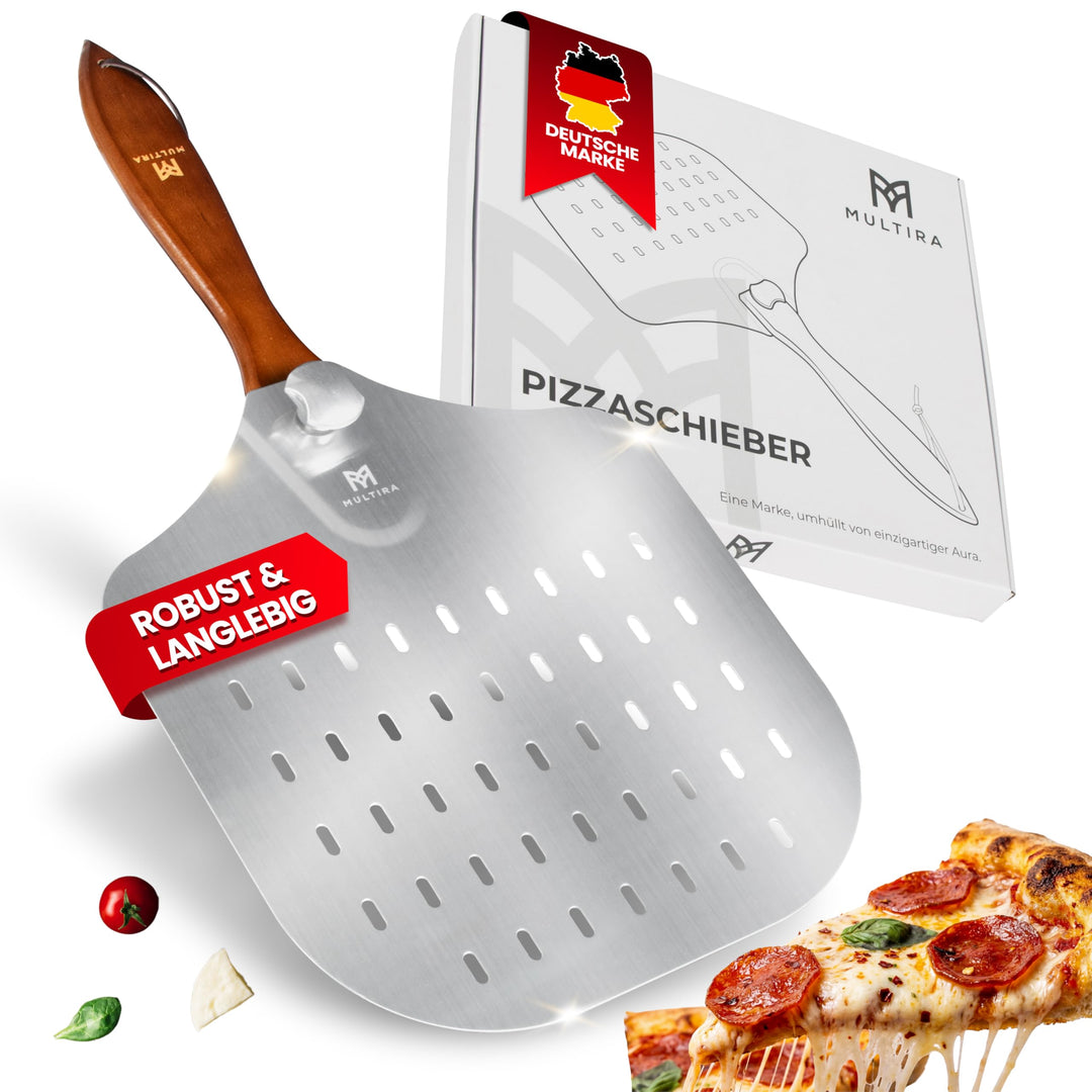 Pizzaschieber Aluminium drehbar | Ergonomischer Holzgriff, perforierte Schaufel, abnehmbar & hitzebe