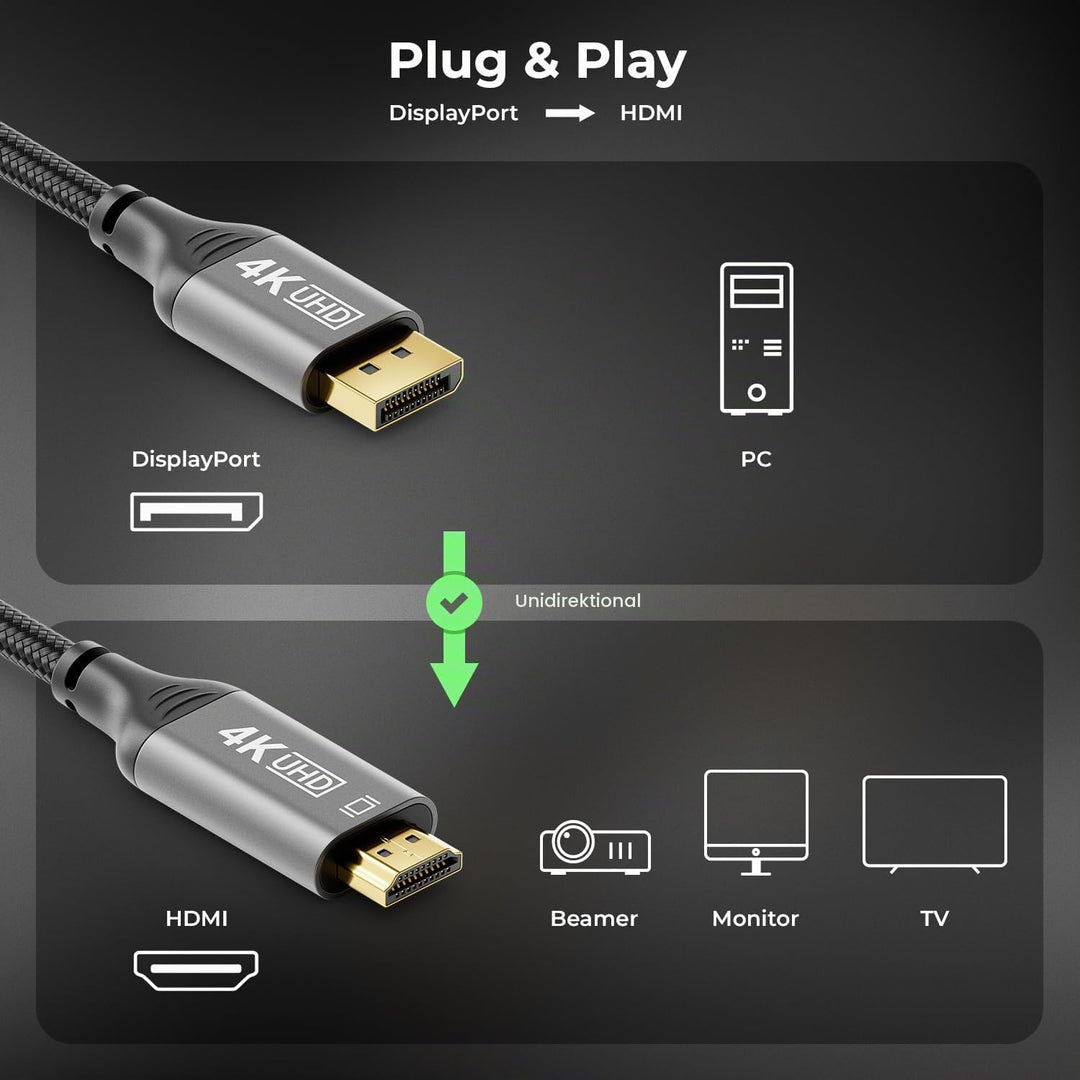 deleyCON 2m 4K DisplayPort 1.2 auf HDMI 2.0 Kabel mit Aluminium Stecker 4K@60Hz DP HDMI Anschlusskab