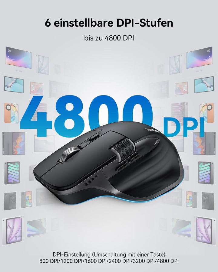 TECKNET Bluetooth kabellose Maus(BT 5.0/5.0+2,4G), Seitliches Mausrad, Superschnelles Scrollen, Wied