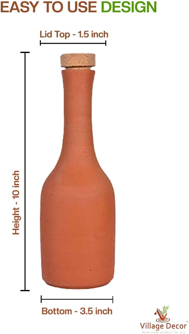 Village Decor Unglasierte, handgefertigte Terrakotta-Wasserflasche mit Korken, 765 ml, vorgebrannte