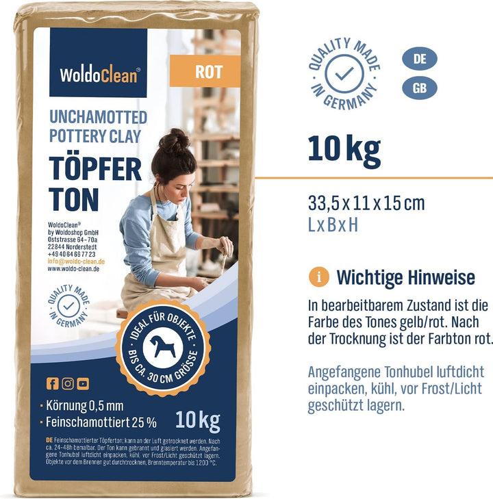 Töpferton 10kg rot lufttrocknend weich & geschmeidig - zum Modellieren & Töpfern für Kinder, 10kg
