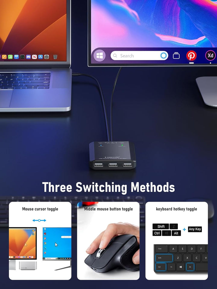 USB Switch Adapter, Lemorele 3 Ports USB Share USB Switch für 2 PCs, 2 In 3 Out USB KVM Switch Hub m